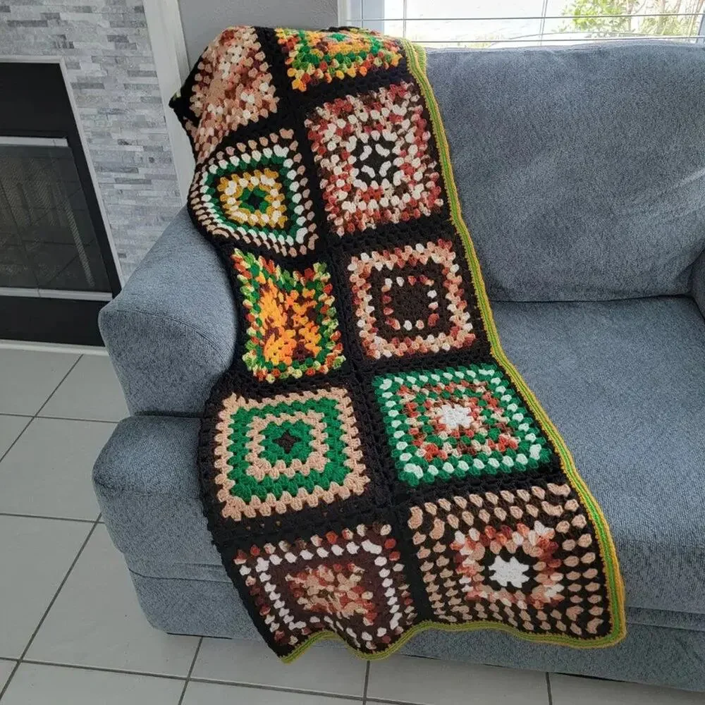 Vintage Handmade Crochet Granny Square Blanket Multicolor 53 x 75 Cozy Throw